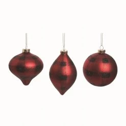 Transpac Glass Red Christmas Buffalo Check Ornaments Set of 3