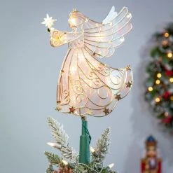 GIL Lighted Angel Tree Topper in Frosty Glass with Gold Outline and Stars