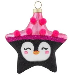 Kat + Annie 3.75" Pink and Black Penguin Star Christmas Ornament