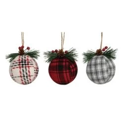 Transpac Fabric/Canvas 4 in. Multicolored Christmas Plaid Ball Ornament Set of 3