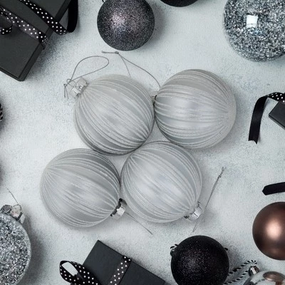 Northlight 4ct Silver and White Glitter Striped Glass Ball Christmas Ornaments 3" 3 Northlight 4ct Silver and White Glitter Striped Glass Ball Christmas Ornaments 3"