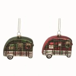 Transpac Glass Green Christmas Plaid Camper Ornaments Set of 2