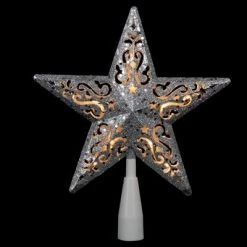Northlight 8.5" Lighted Silver Glitter Star Cut Out Design Christmas Tree Topper - Clear Lights, White Wire