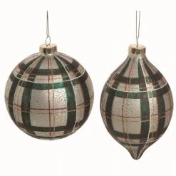Transpac Glass Red Christmas Stripe Plaid Ornaments Set of 2