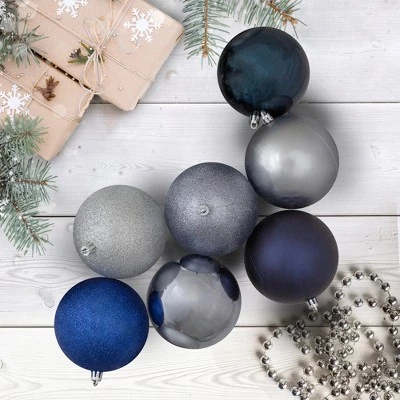Northlight 12ct Shatterproof 3-Finish Christmas Ball Ornament Set 4" - Blue/Silver 3 Northlight 12ct Shatterproof 3-Finish Christmas Ball Ornament Set 4" - Blue/Silver