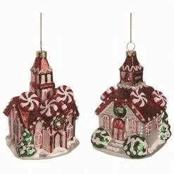 Transpac Glass Multicolor Christmas Peppermint House Ornaments Set of 2