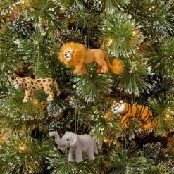 4ct Faux Fur Animal Christmas Tree Ornament Set Lion/Tiger/Elephant/Leopard - Wondershop™