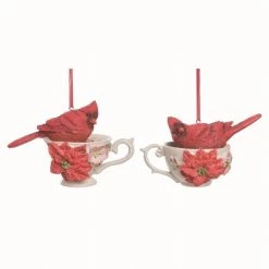 Transpac Resin Red Christmas Teacup Cardinal Ornaments Set of 2