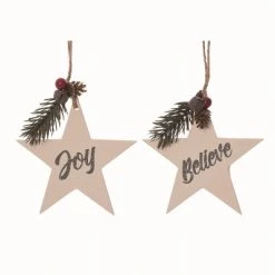 Transpac Wood White Christmas Star with Metal Word Ornaments Set of 2