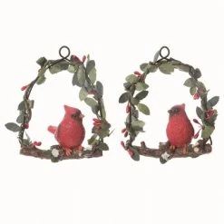 Transpac Resin Red Christmas Cardinal on Branch Ornaments Set of 2