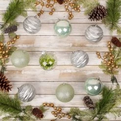 National Tree Company First Traditions Christmas Tree Ornaments, Glittery White, Silver, and Teal Ball Assortment, Set of 9